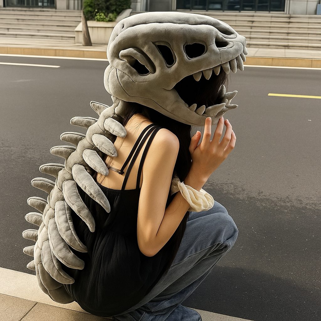 Wearable Dino Plushie Outfit with Soft Ribbed Back and Skull Hood