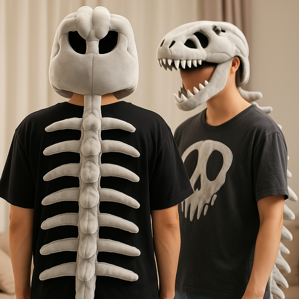 Wearable Dino Plushie Outfit with Soft Ribbed Back and Skull Hood