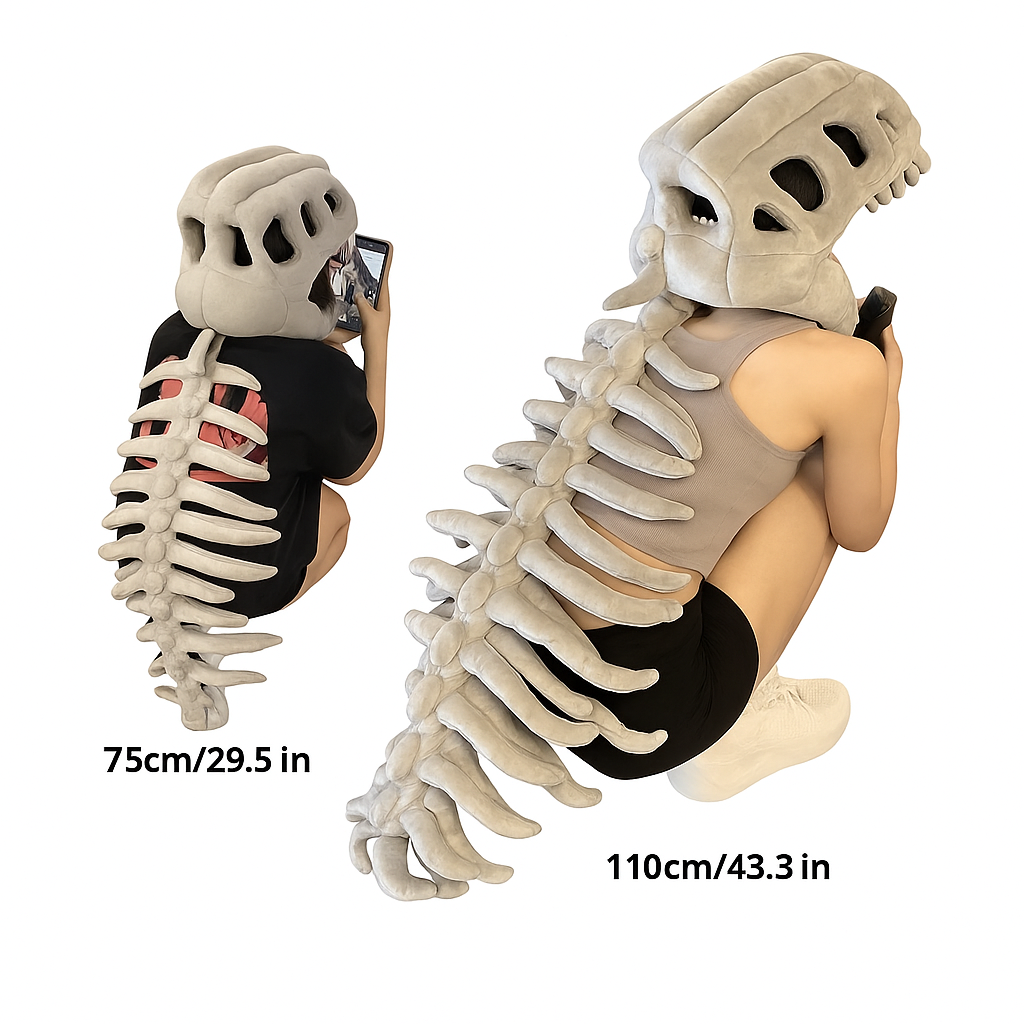 Wearable Dino Plushie Outfit with Soft Ribbed Back and Skull Hood