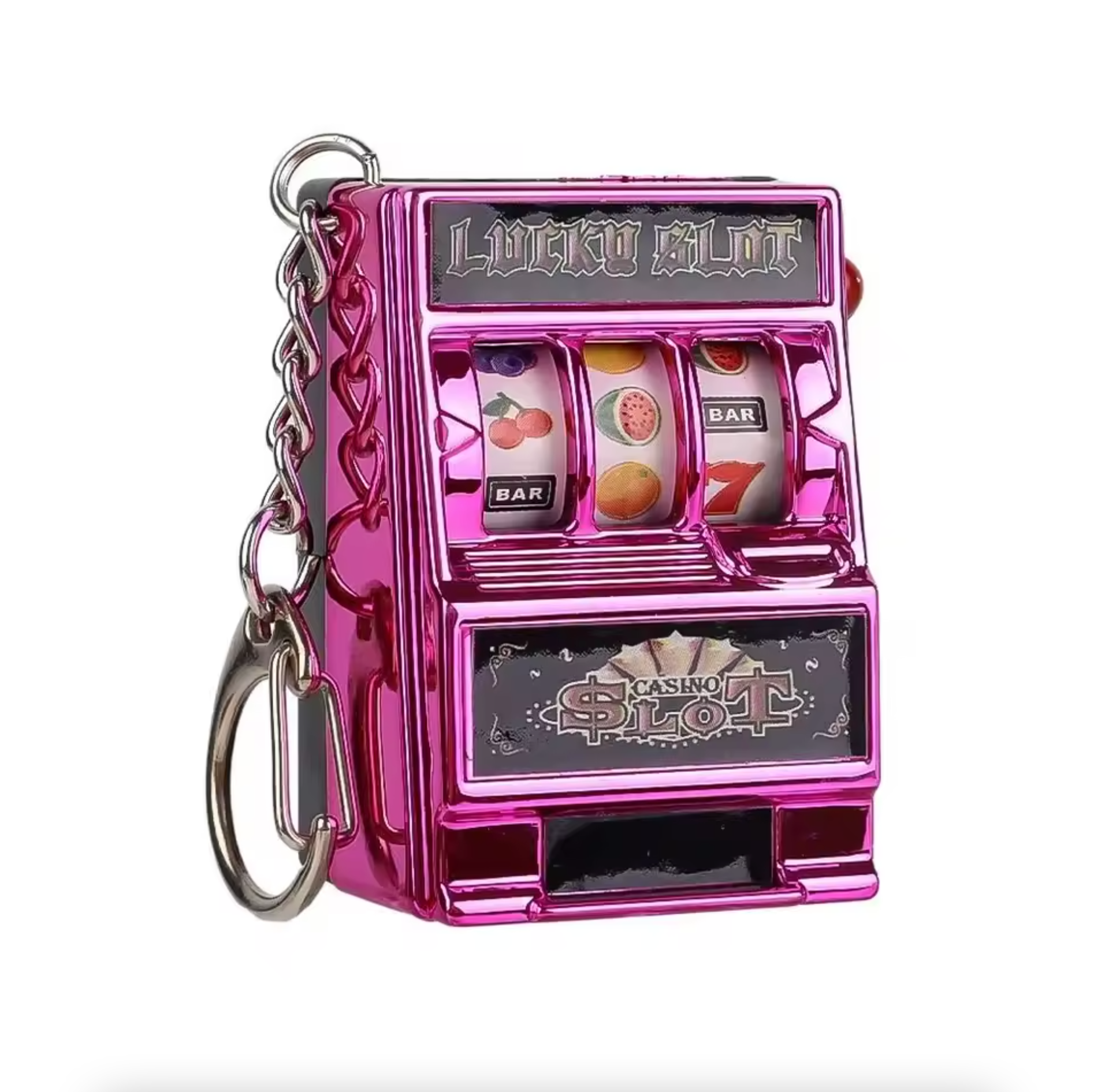 Mini Casino Slot Machine Keychain – Lucky Jackpot Pocket Toy Pink
